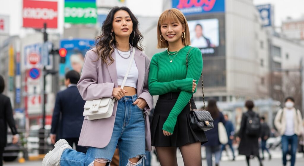 オシャレな服を着ている2人の日本人女性